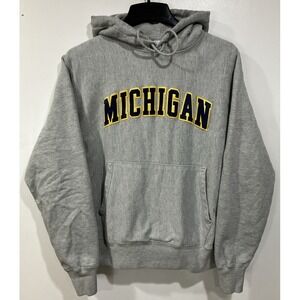 Champion Reverse Weave MICHIGAN Hoodie Medium Embroidered Patch Logo Y2K Gray